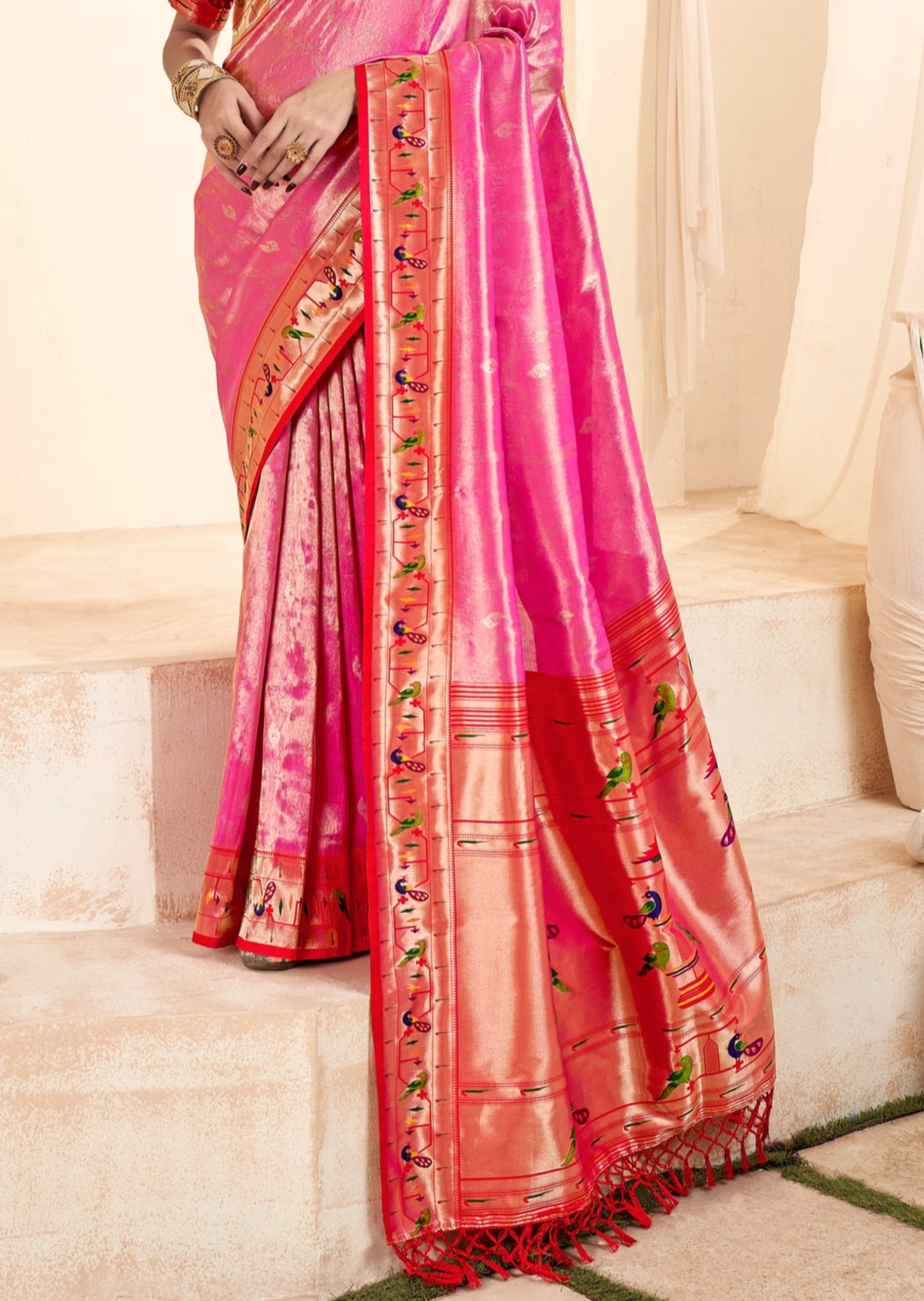 Handloom paithani silk rose pink bridal saree online shopping for maharashtrian  bride.