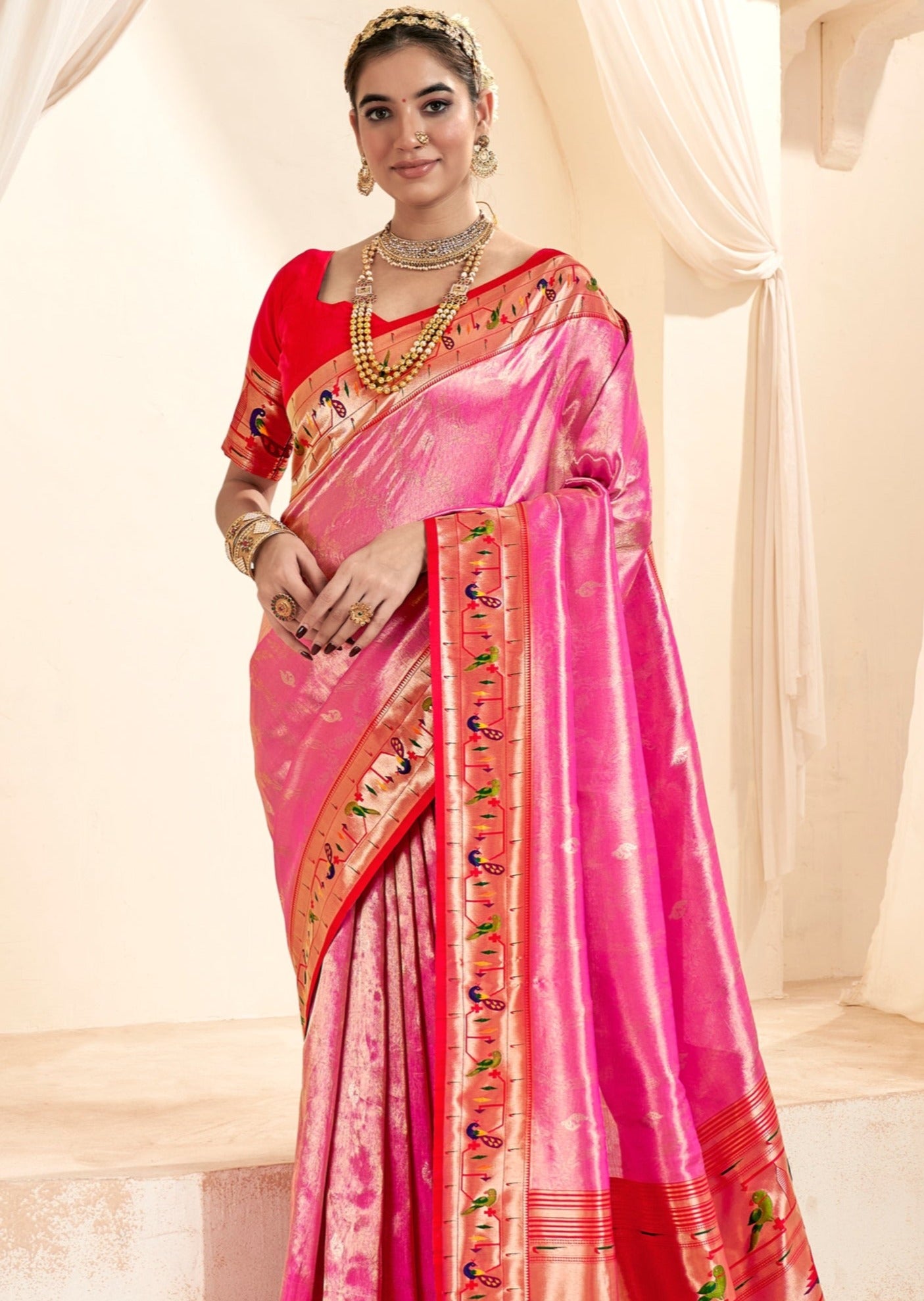 Handloom paithani silk rose pink bridal saree online shopping for marathi wedding look.