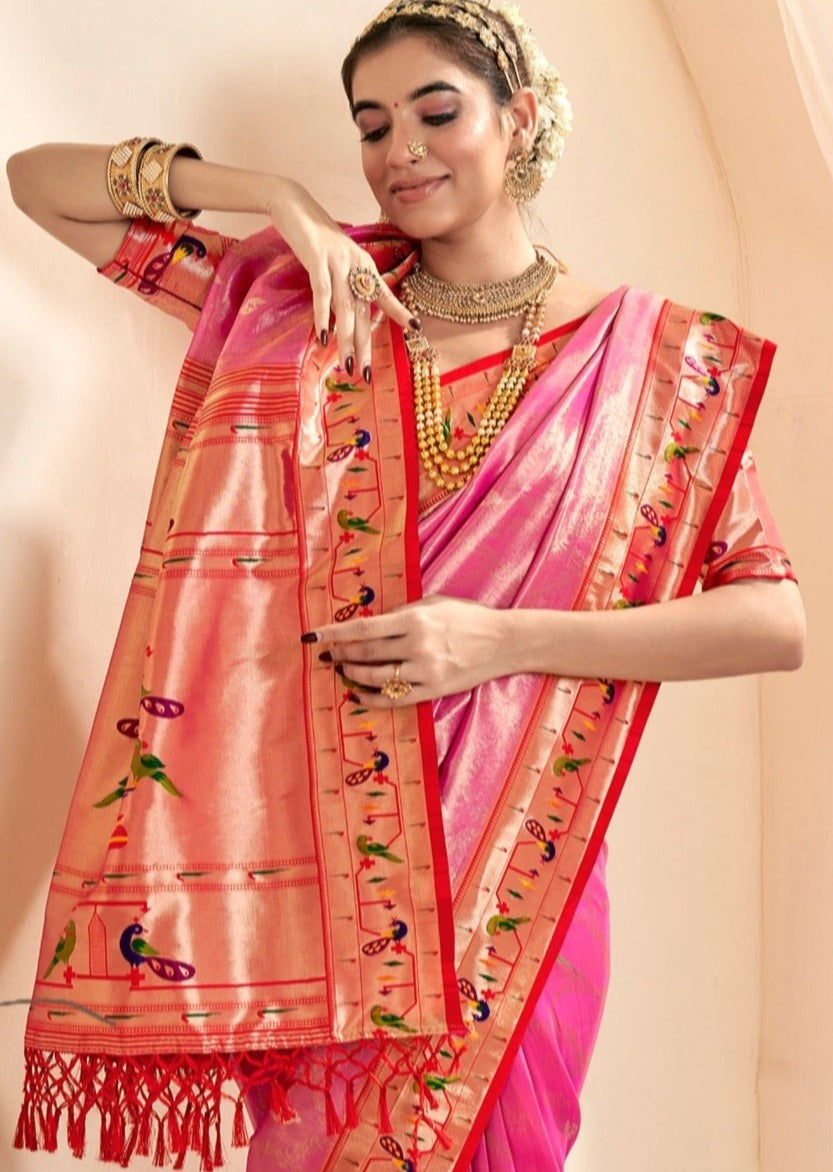 Handloom paithani silk rose pink bridal saree online shopping with price.