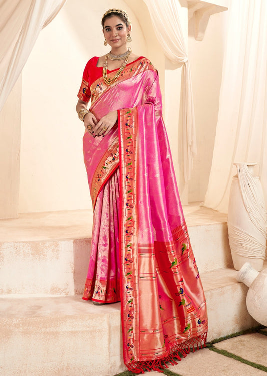 Handloom paithani silk rose pink bridal saree online shopping for maharashtrian wedding.