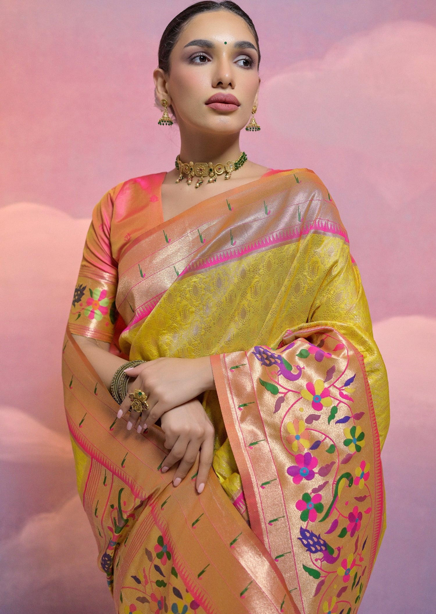 Handloom paithani silk saree usa online in yellow color.
