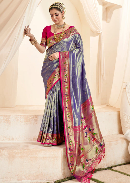 Handloom paithani tissue silk blue color saree usa online shopping price for wedding.
