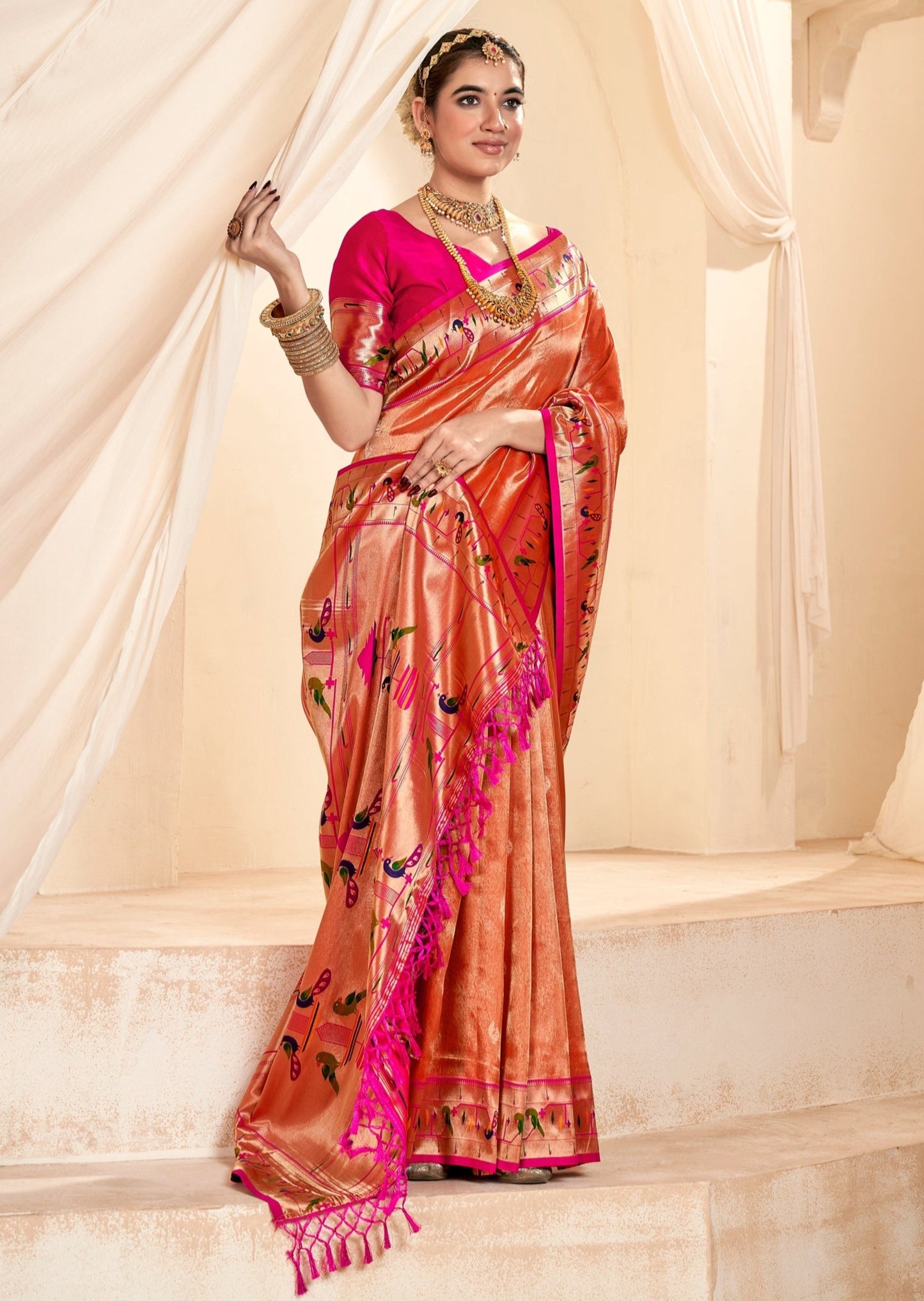 Handloom paithani tissue silk bridal saree for wedding available for online shopping with price.