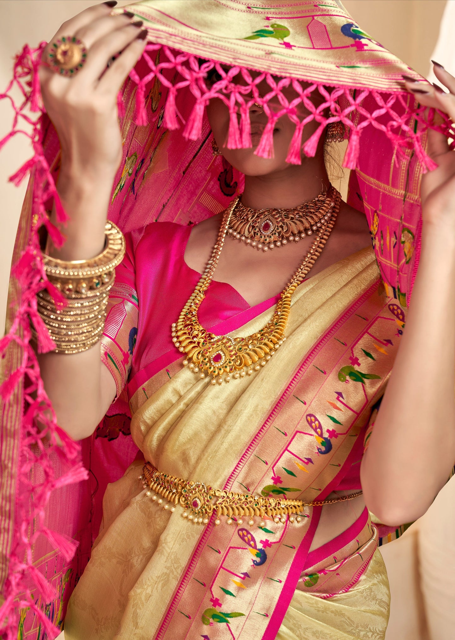 Handloom paithani tissue silk cream color bridal saree online shopping india.
