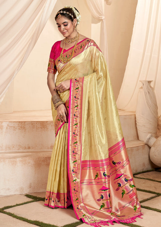 Handloom paithani tissue silk cream saree online shopping india usa uk with price.