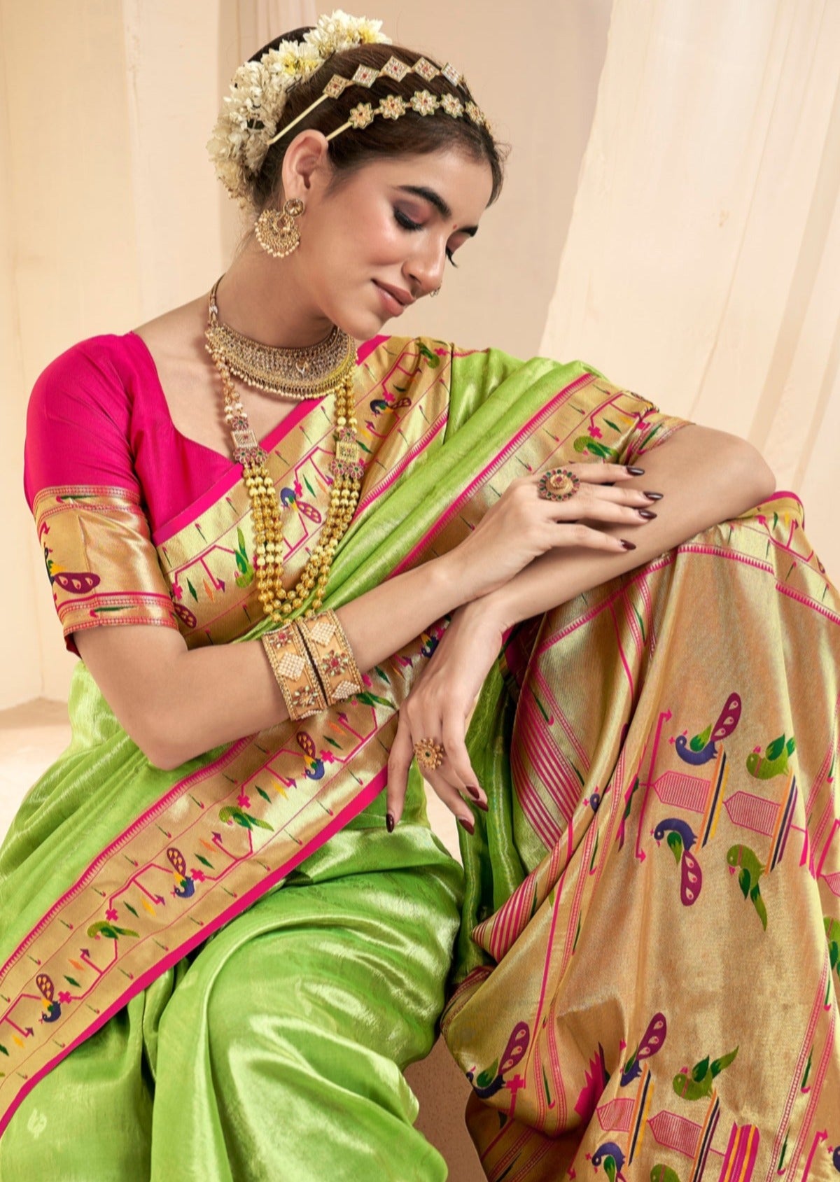 Handloom paithani tissue silk lime green color saree online shopping for wedding & festivals.