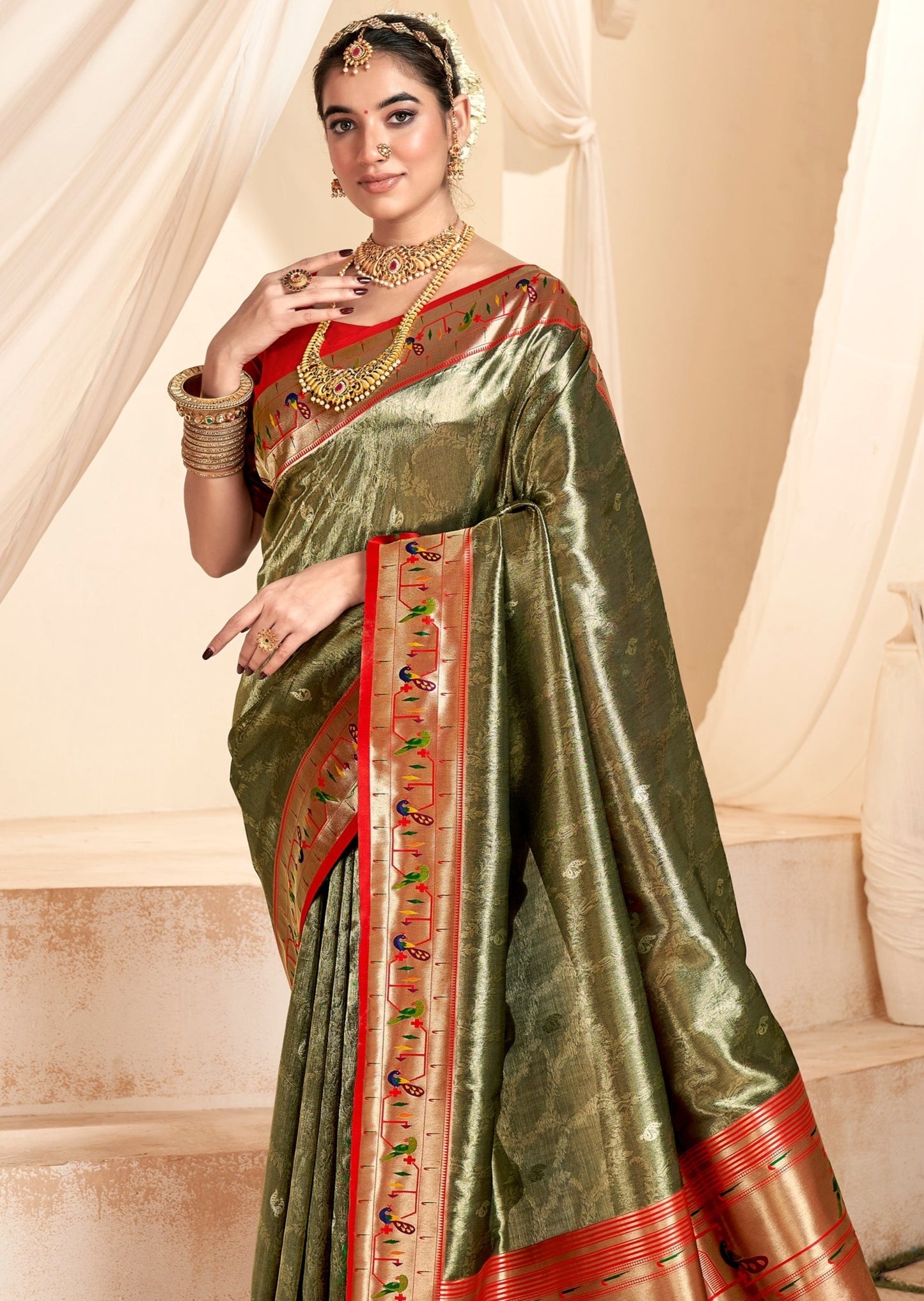 Handloom paithani tissue silk olive grey color saree online shopping in india with price for bridal wear.
