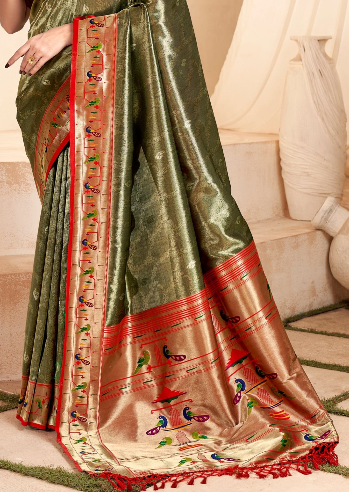Handloom paithani tissue silk handloom saree in olive grey color uk london online shopping with price.