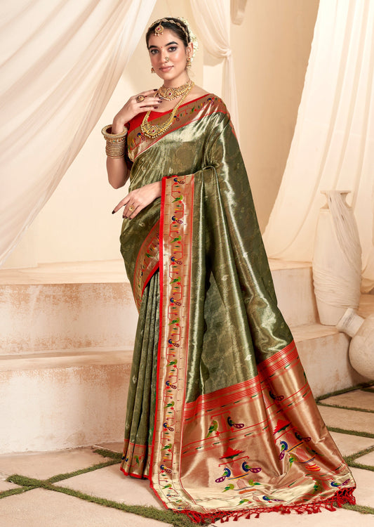 Handloom paithani tissue silk olive grey color saree online shopping with price.