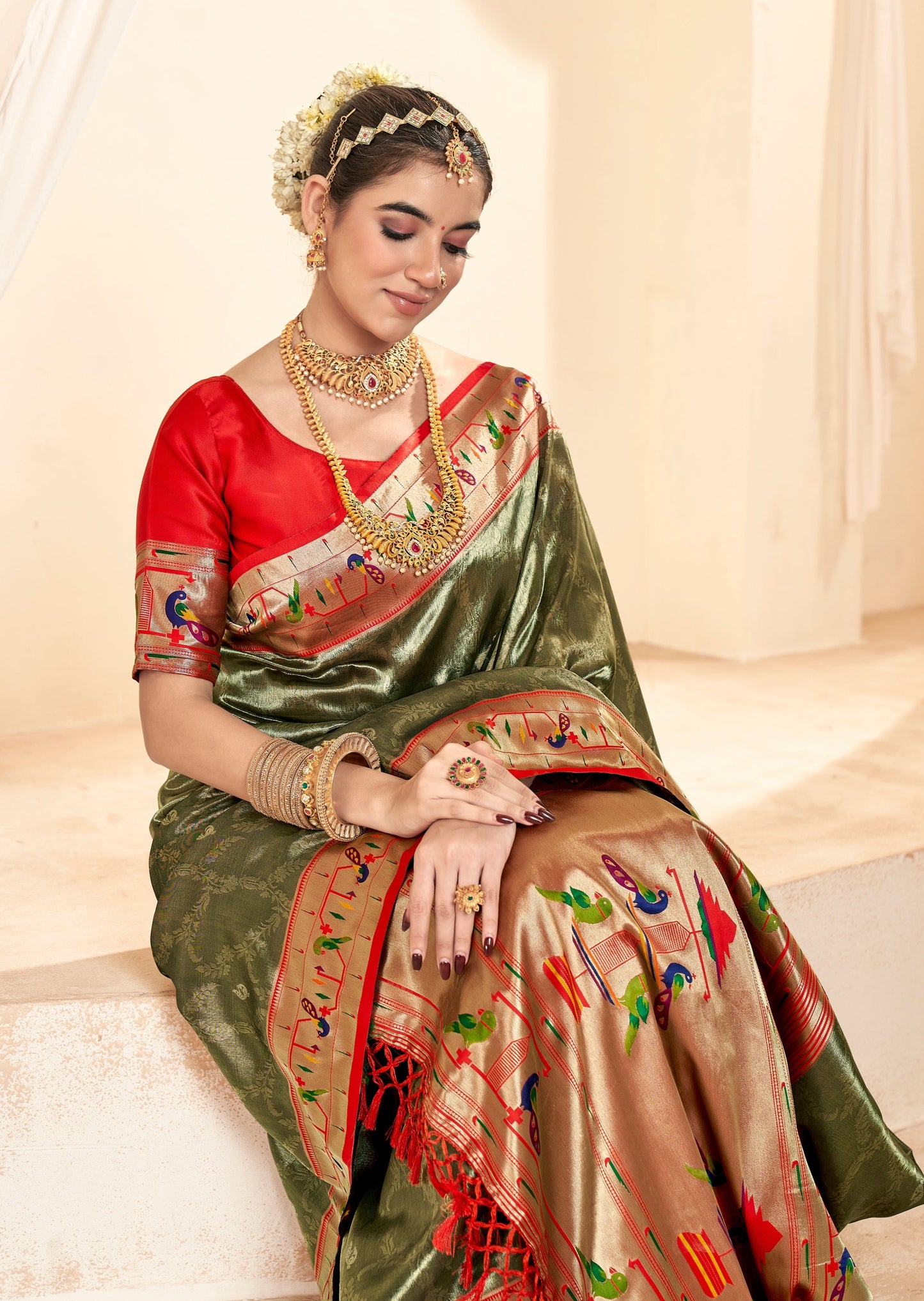 Handloom paithani tissue silk olive grey color saree online shopping with price india usa uk.