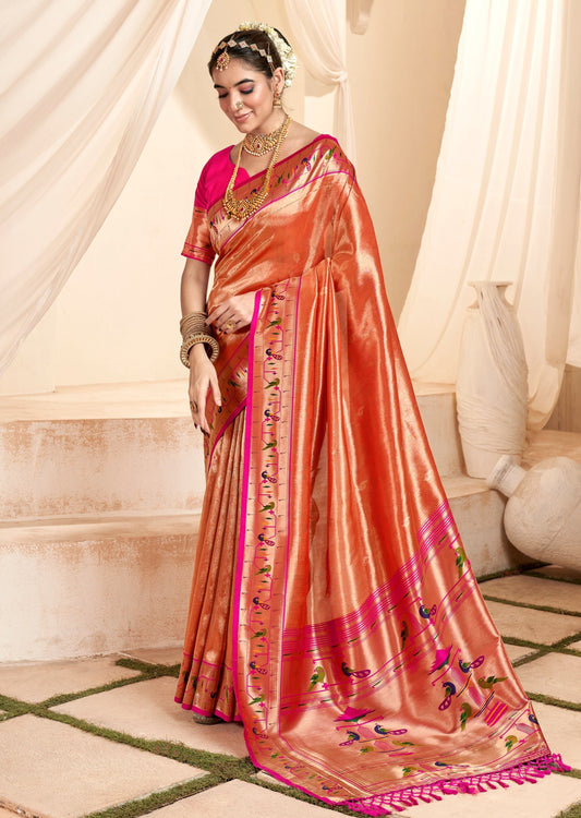 Handloom paithani tissue silk peach colour bridal saree online shopping with price.