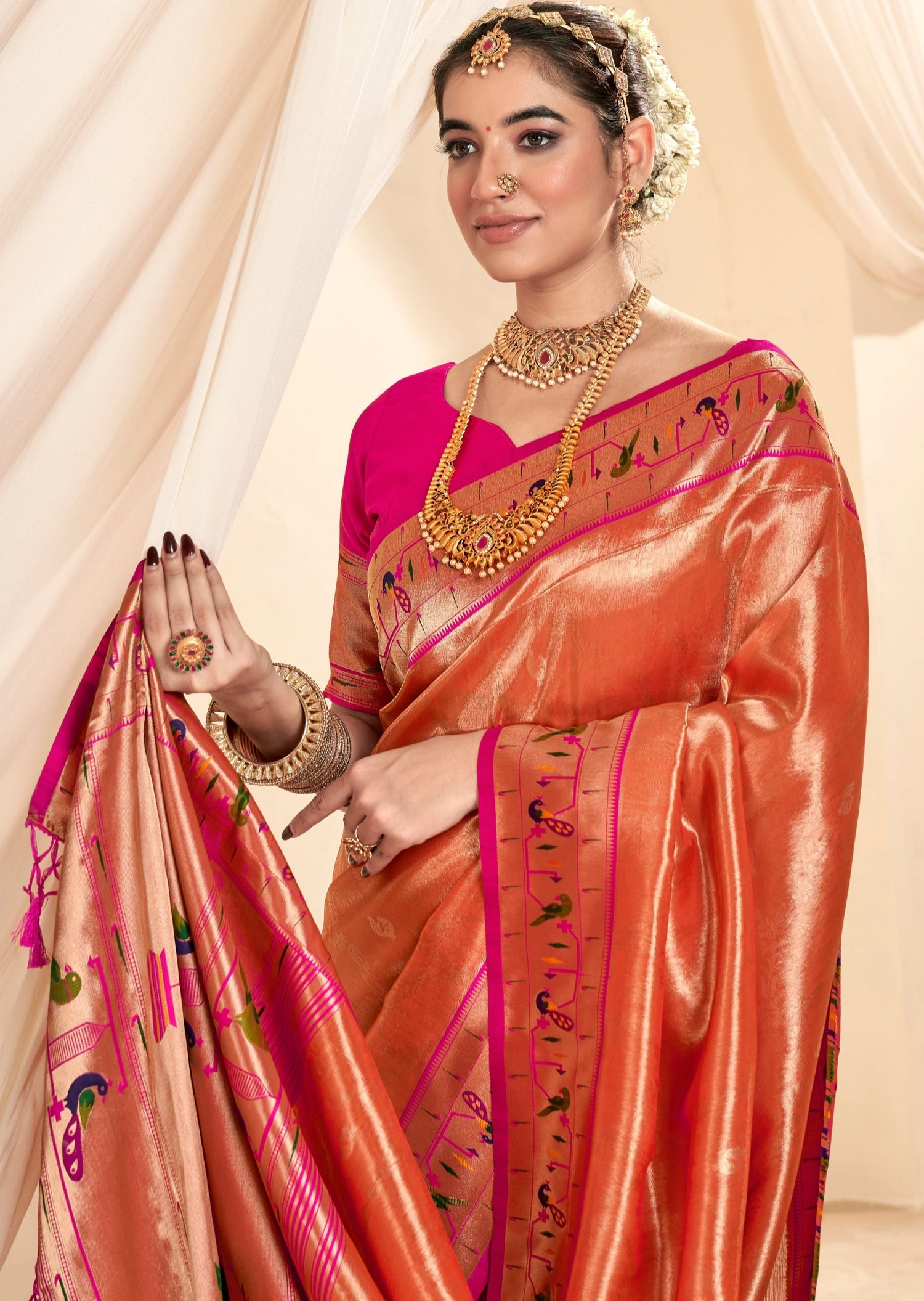 Handloom paithani tissue silk peach bridal saree online shopping for bride.