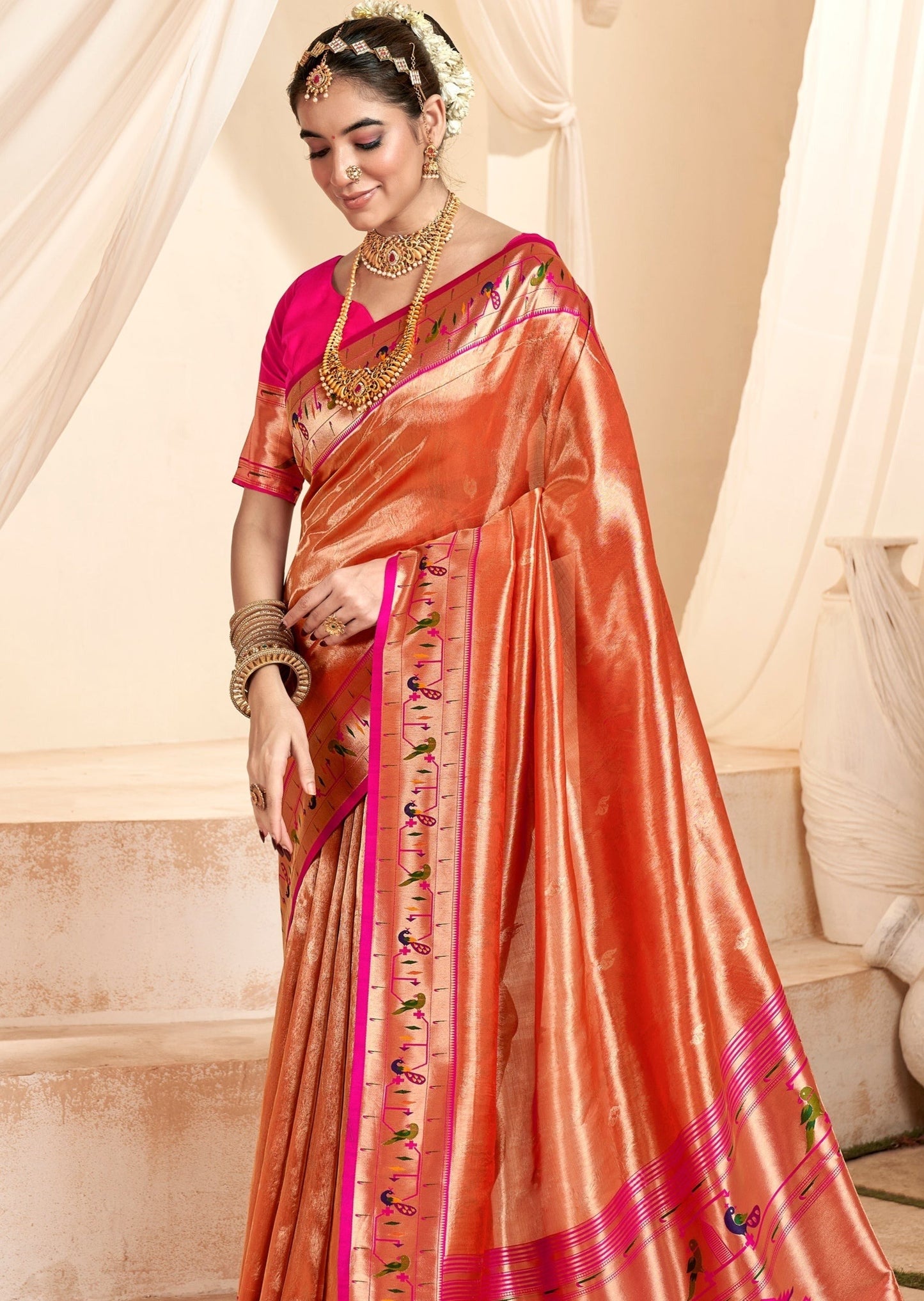 Handloom paithani tissue silk peach colour saree online shopping for wedding with price.