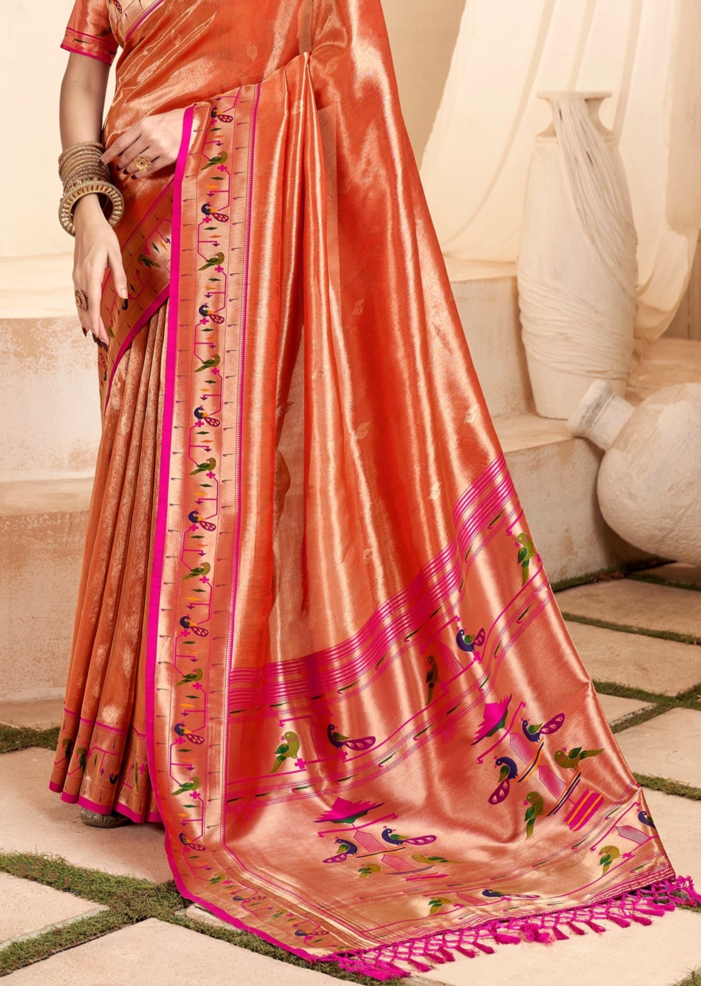 Handloom paithani tissue silk peach colour wedding saree online shopping with price.