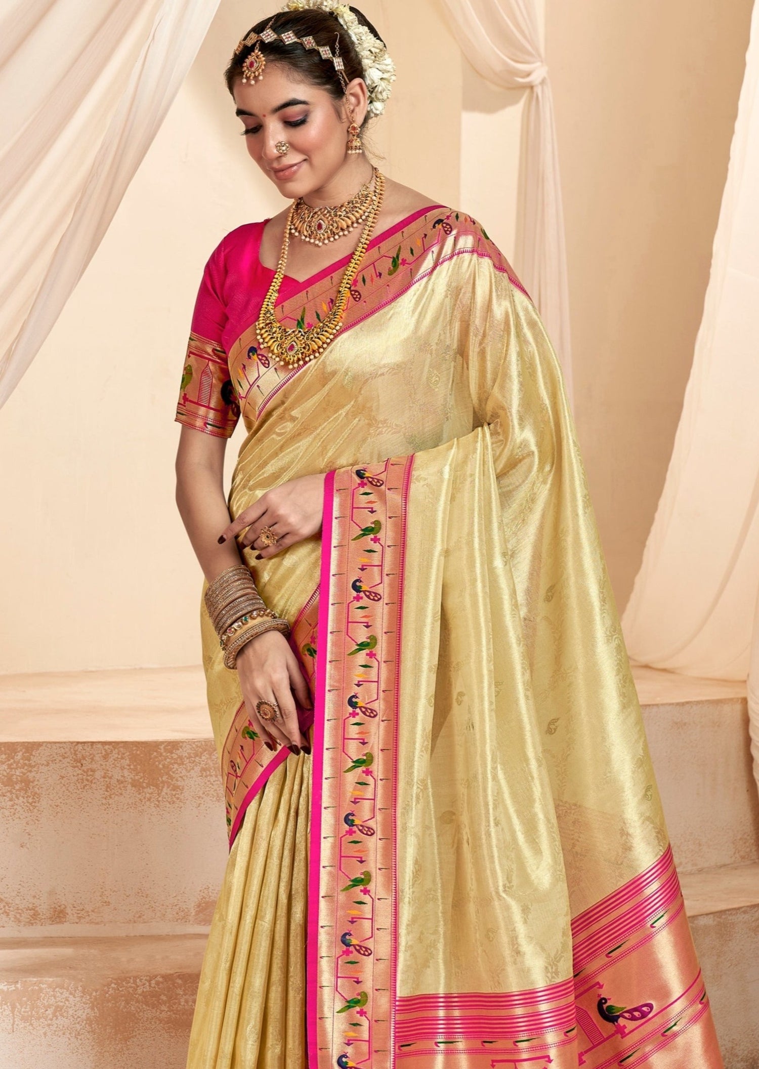 Handloom paithani tissue silk saree blouse online designs.