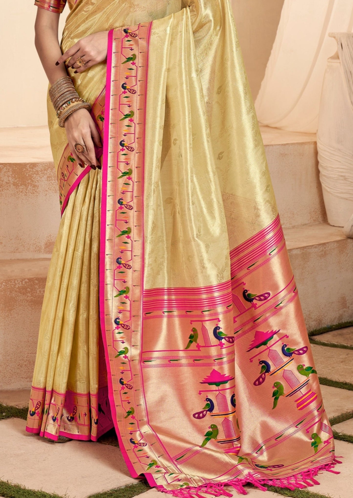Handloom paithani tissue silk saree blouse designs online shopping with price.