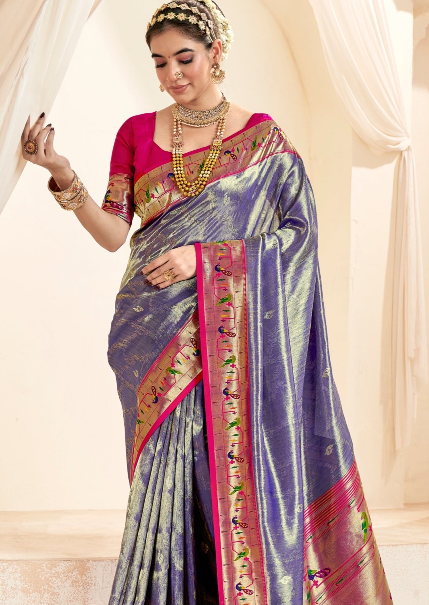 Handloom paithani tissue silk blue saree usa online shopping with contrast pink blouse.