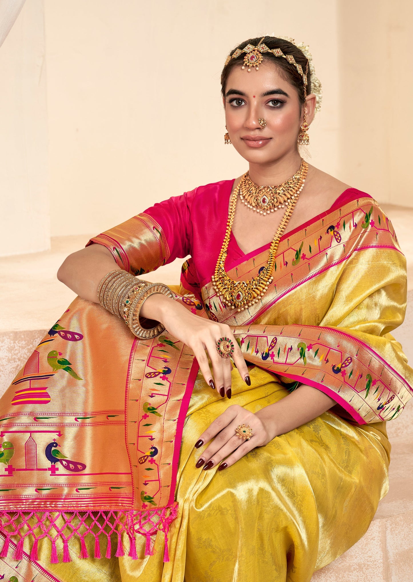 Handloom paithani tissue silk yellow color saree usa online shopping with price for summer wedding function.