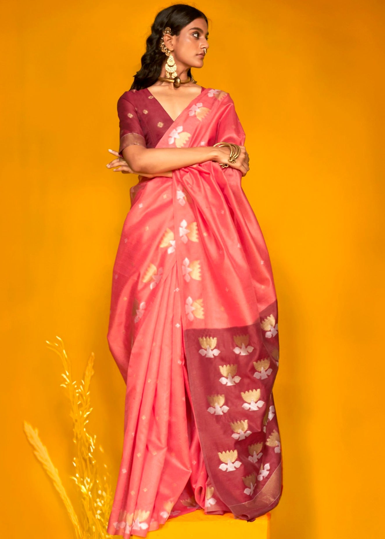 Pure handloom rose pink and maroon tussar silk saree with two-tone effect, perfect for elegant occasions.