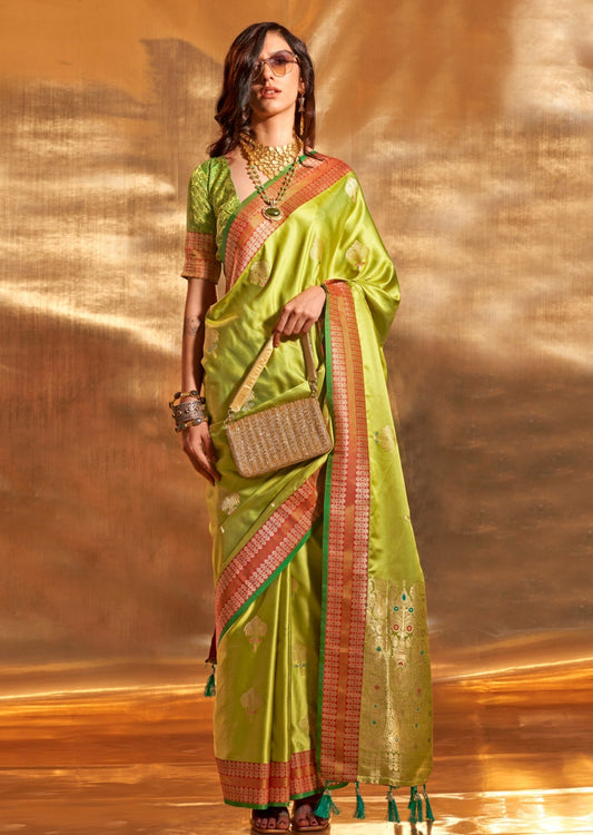 Pure handloom banarasi satin silk parrot green saree with red border online price.