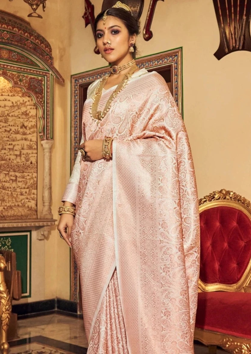 Handloom silk powder peach kanjivaram saree online for bride usa india.