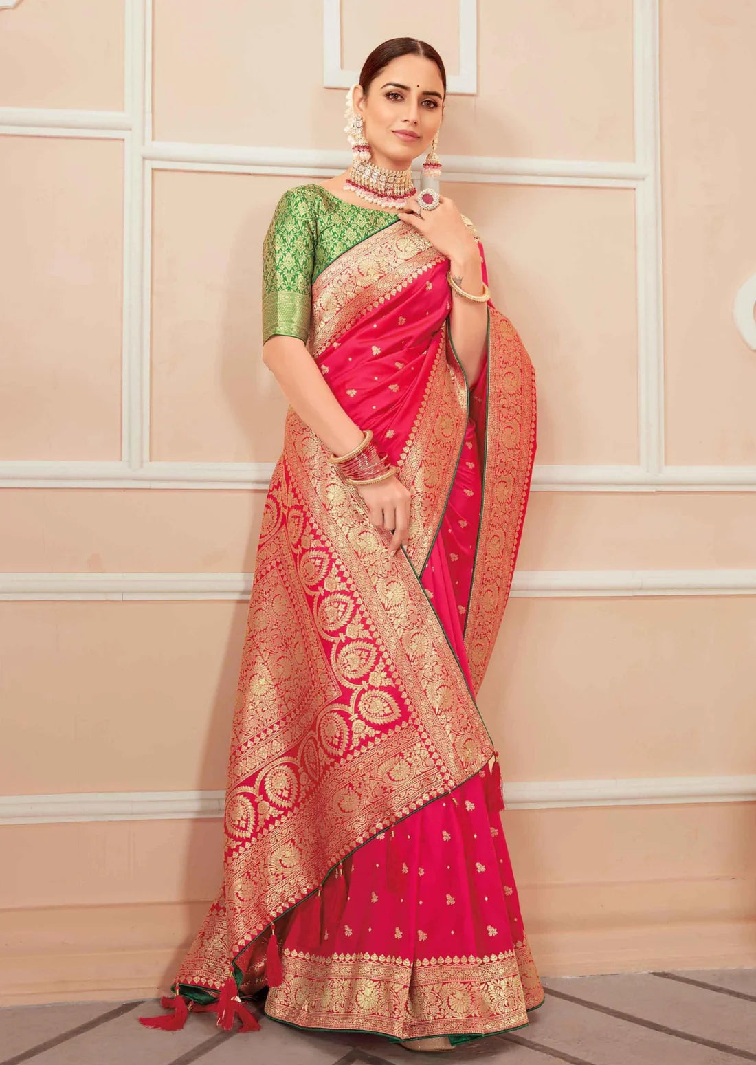 woman in Handloom Silk Red Banarasi Bridal Saree with Contrast Green Blouse