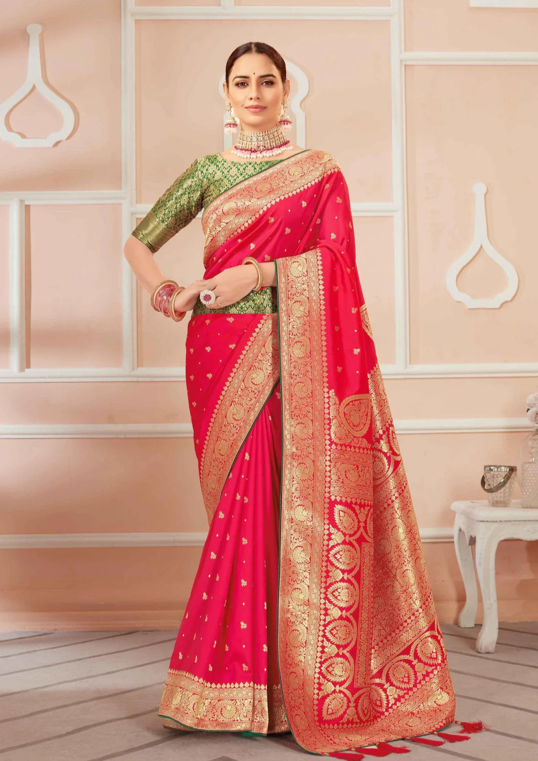 bride in Handloom Silk Red Banarasi Bridal Saree with Contrast Green Blouse