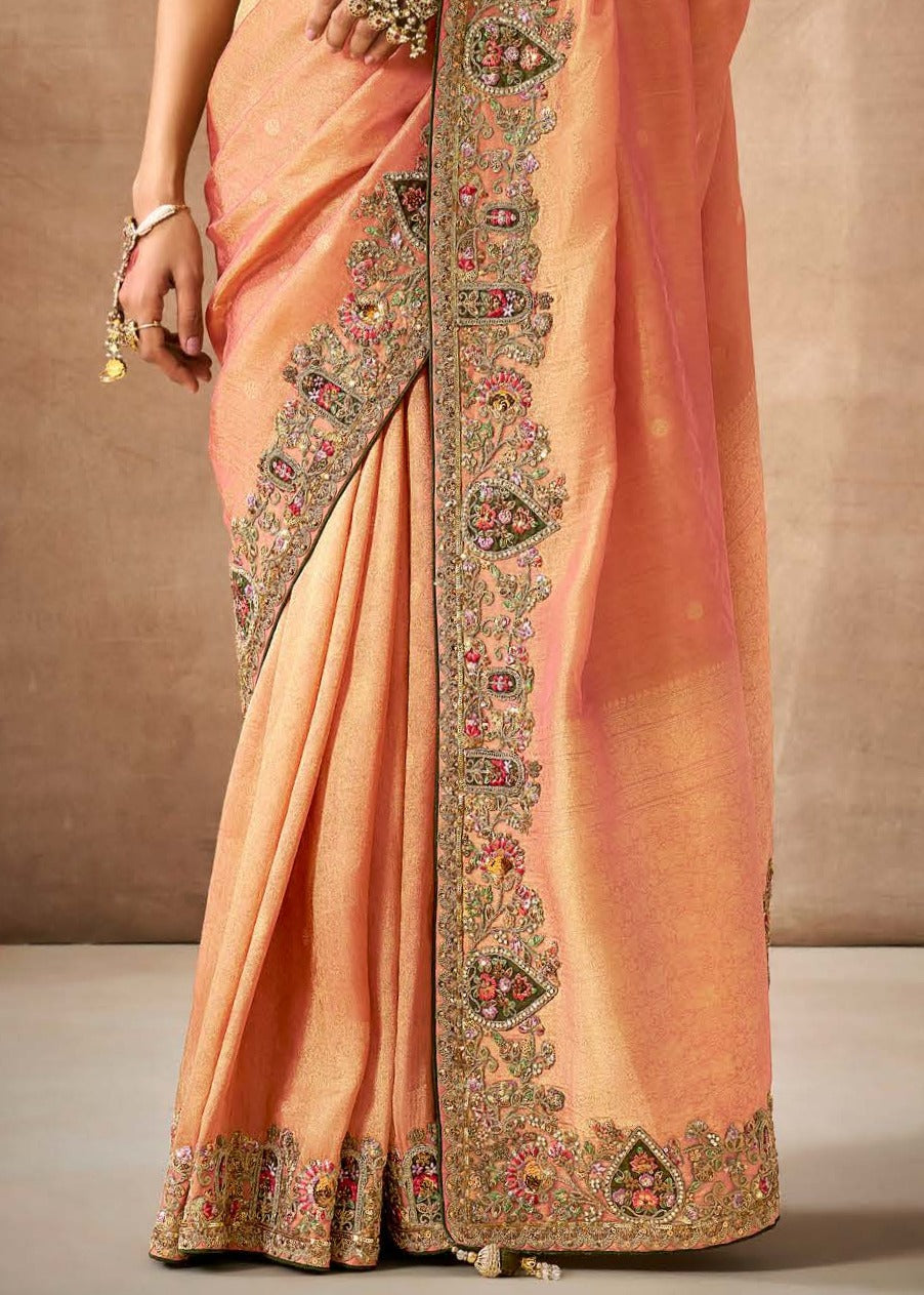 Handloom banarasi tissue silk hand embroidery work orange saree online price india.