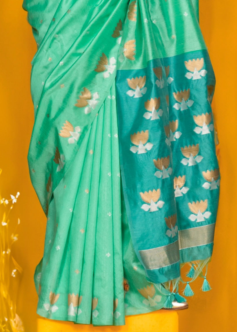 Beautiful pure handloom tussar silk saree in ocean green with a rich dark green tone, ideal for festive occasions.