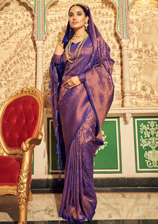 Handloom violet purple kanjivaram silk saree online for wedding.