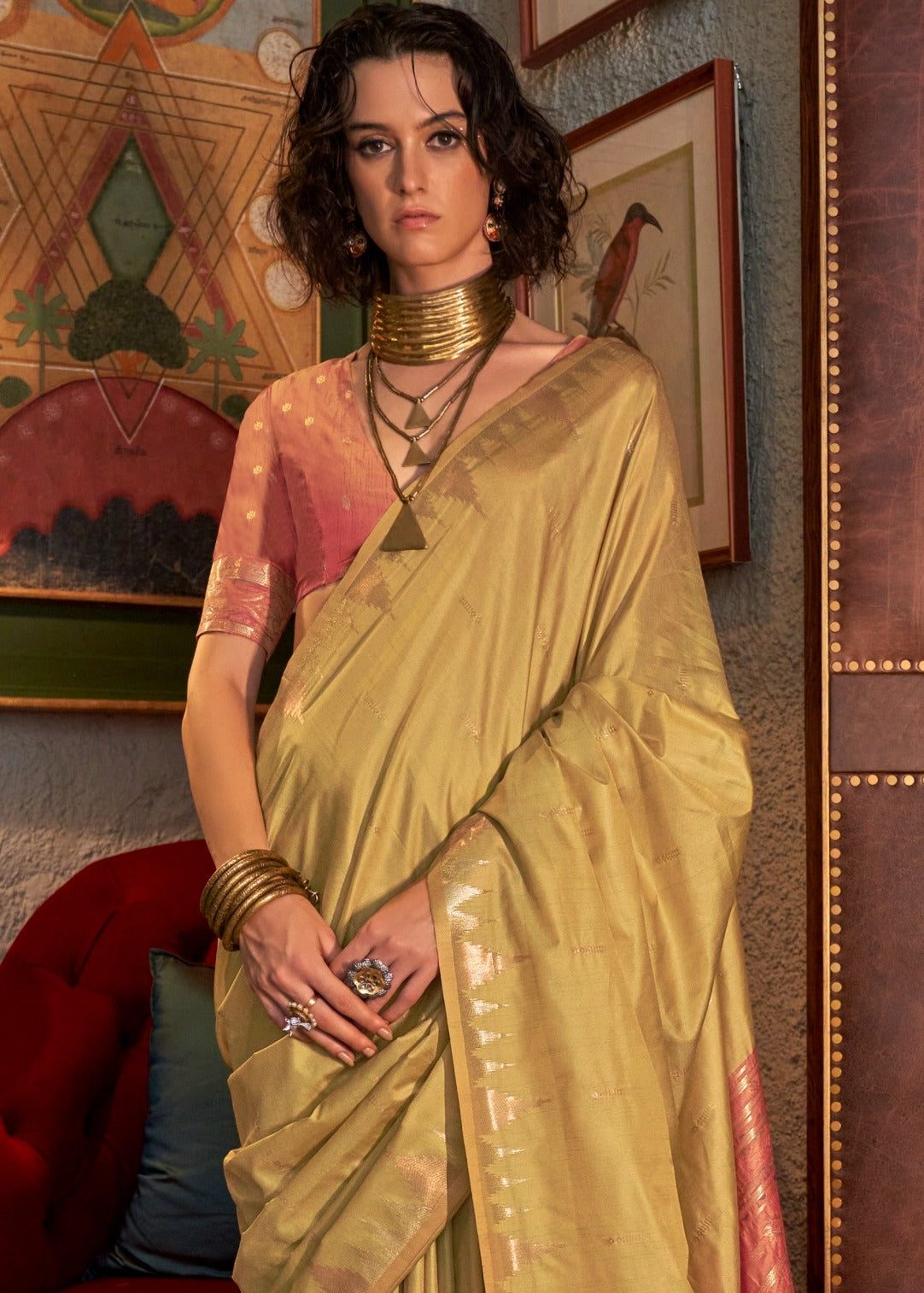 Pure handloom banarasi tussar silk saree usa online shopping in lime yellow color.