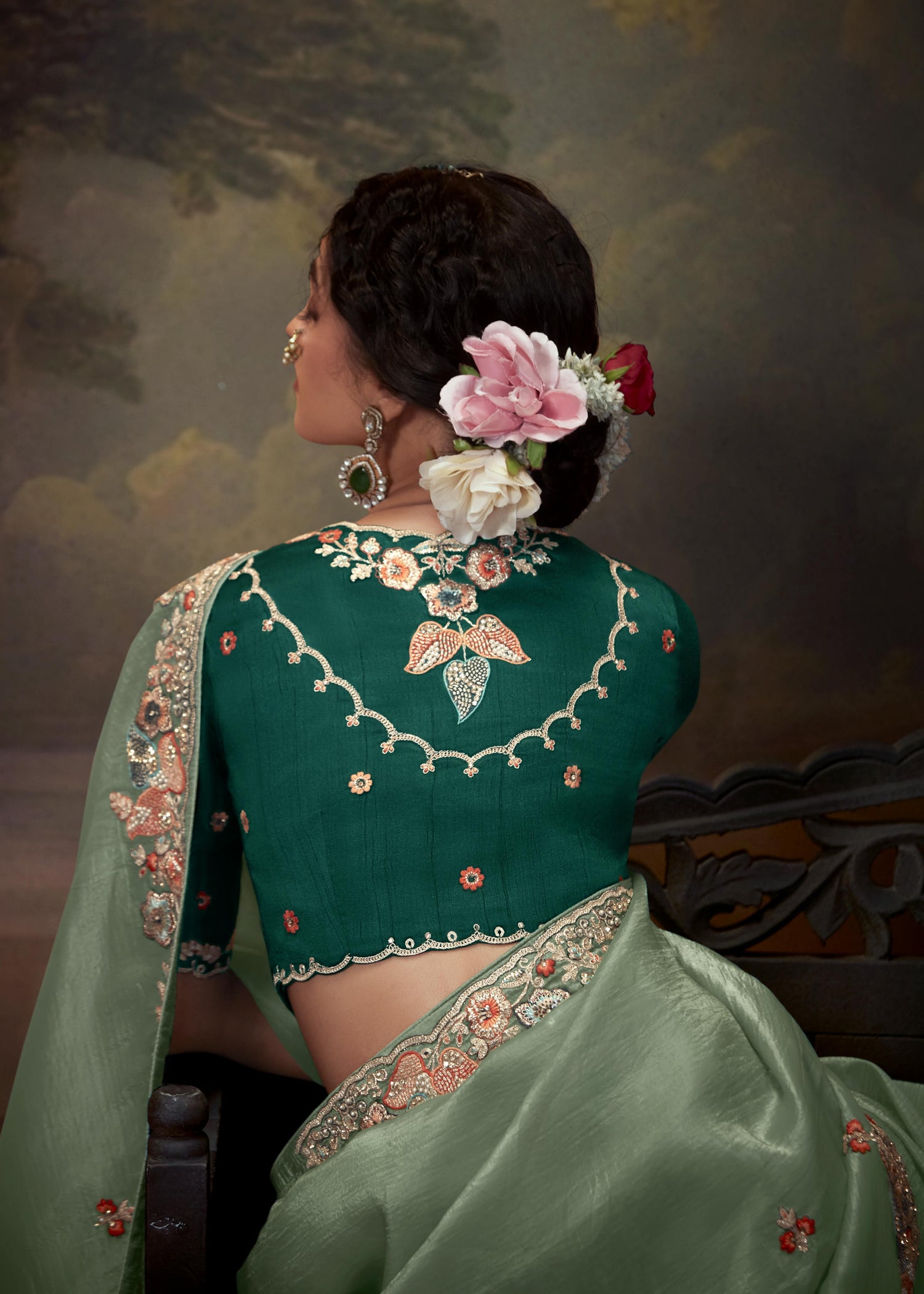 Handwork embroidered crushed tissue silk pista green saree with dark green blouse piece, perfect for festive celebrations and wedding function.