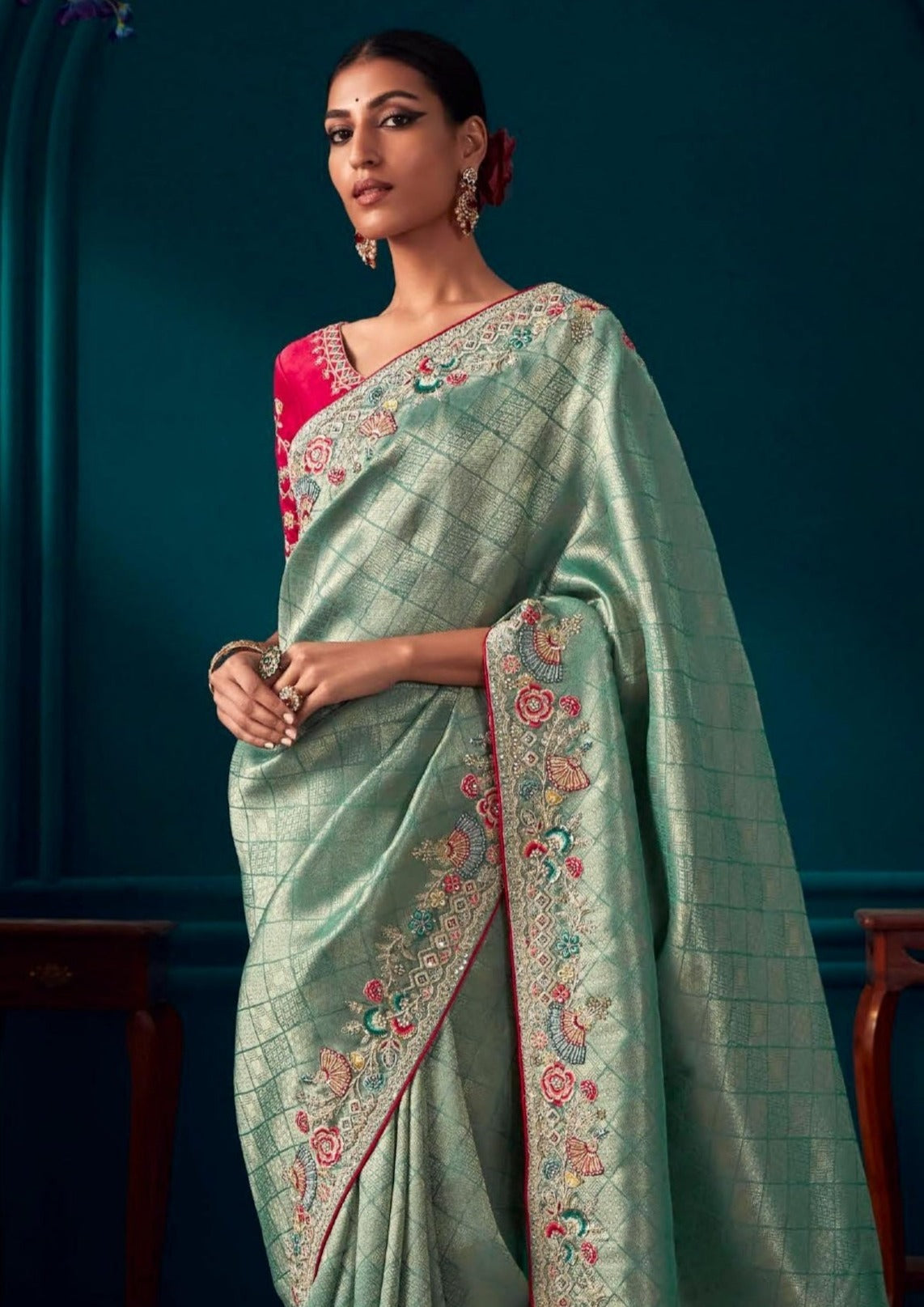 Handwork Embroidery Banarasi Silk Blue Red Contrast Bridal Saree – Sunasa