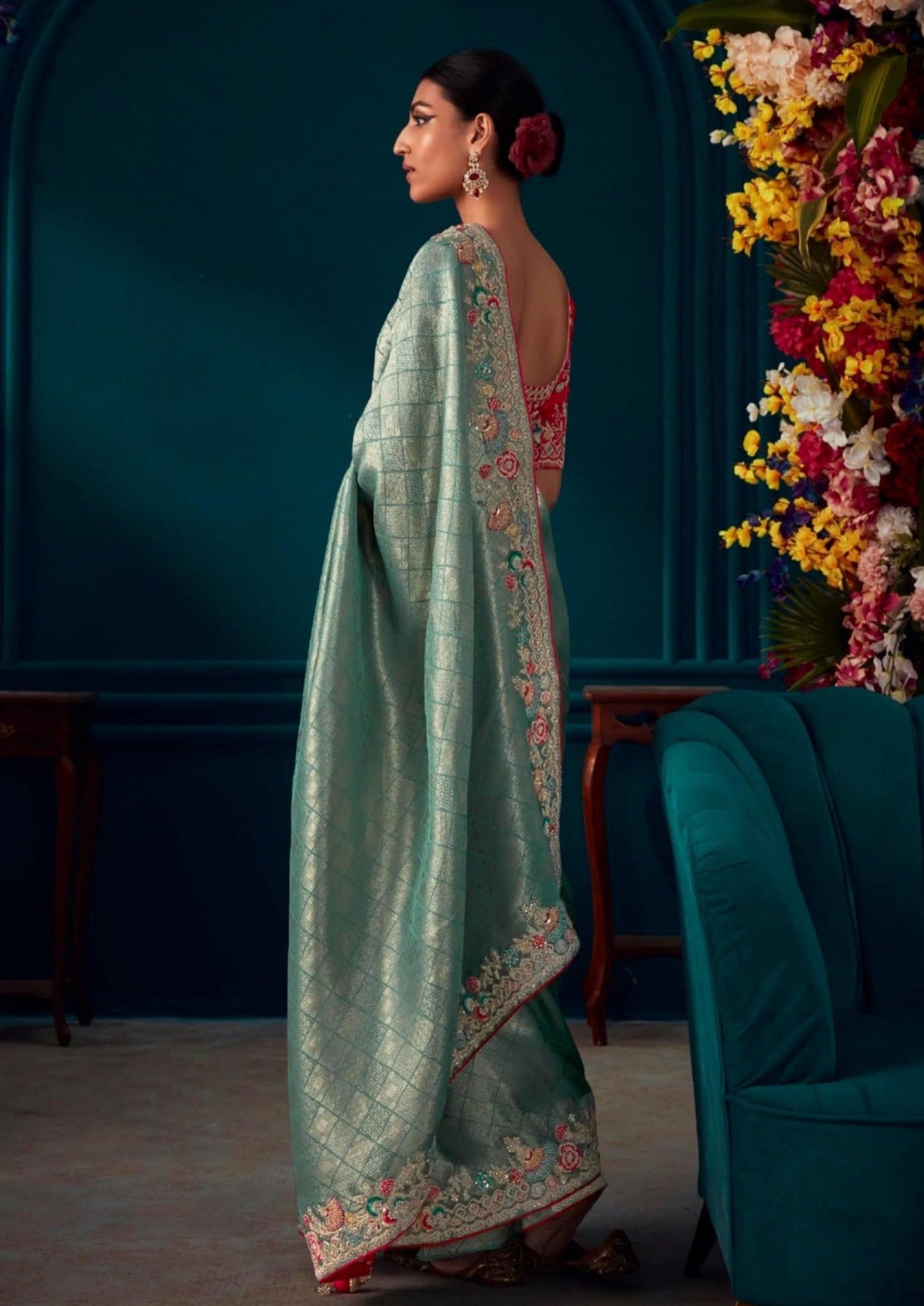 Handwork Embroidery Banarasi Silk Blue Red Contrast Bridal Saree – Sunasa