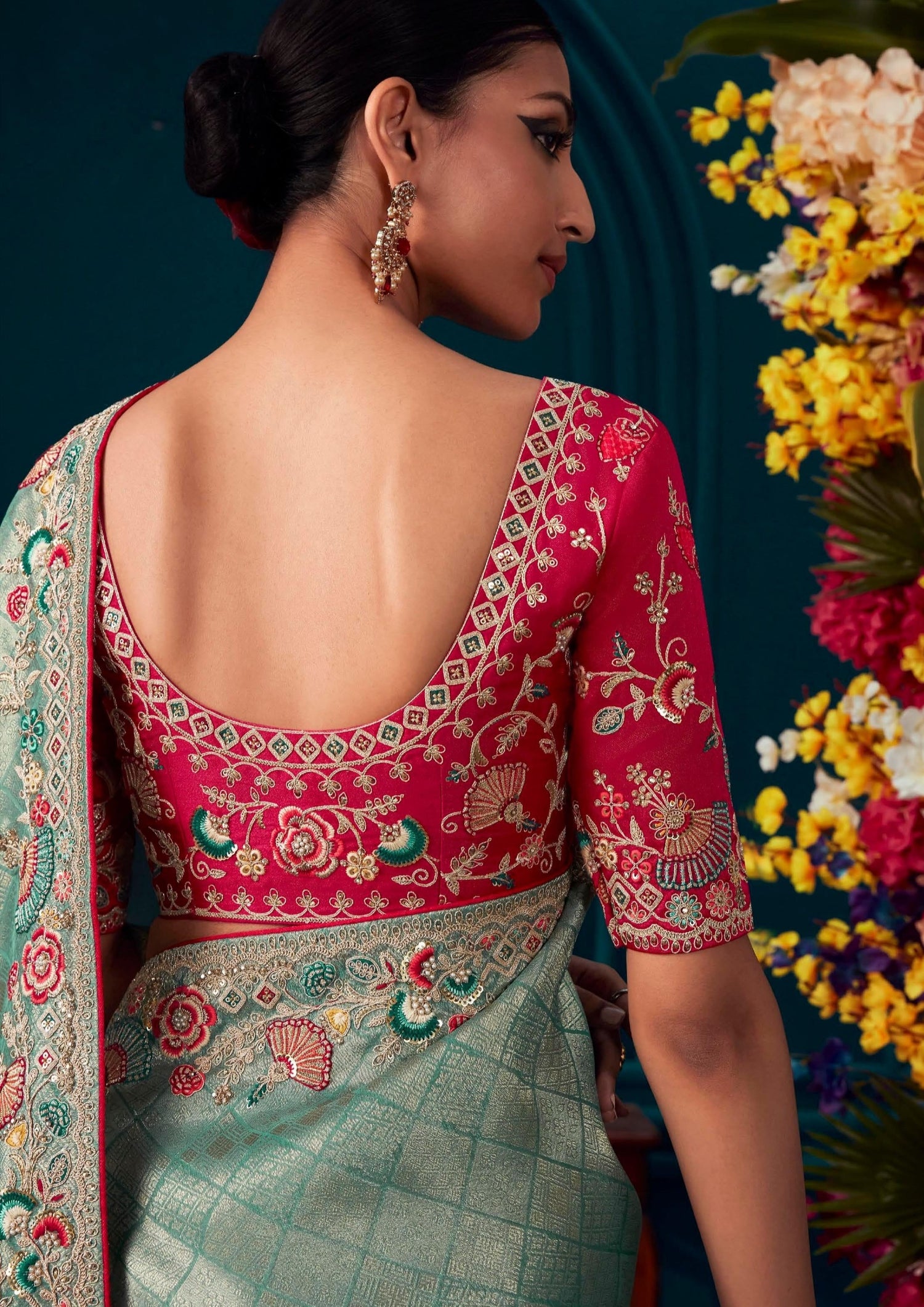 Handwork Embroidery Banarasi Silk Blue Red Contrast Bridal Saree – Sunasa