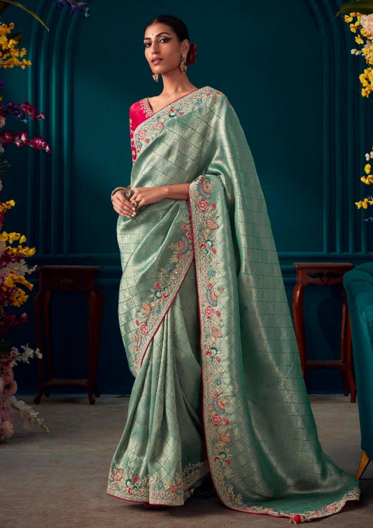 Handwork embroidery banarasi silk blue red contrast bridal saree online.