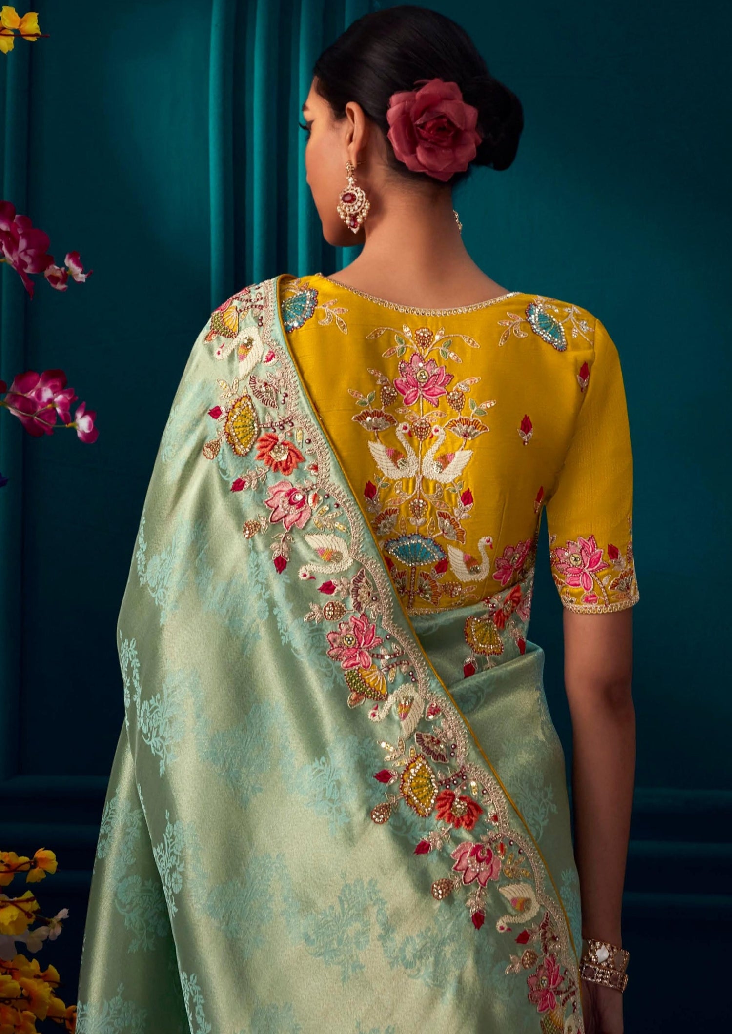 Handwork embroidery banarasi silk dual tone blue golden bridal saree online for bride.