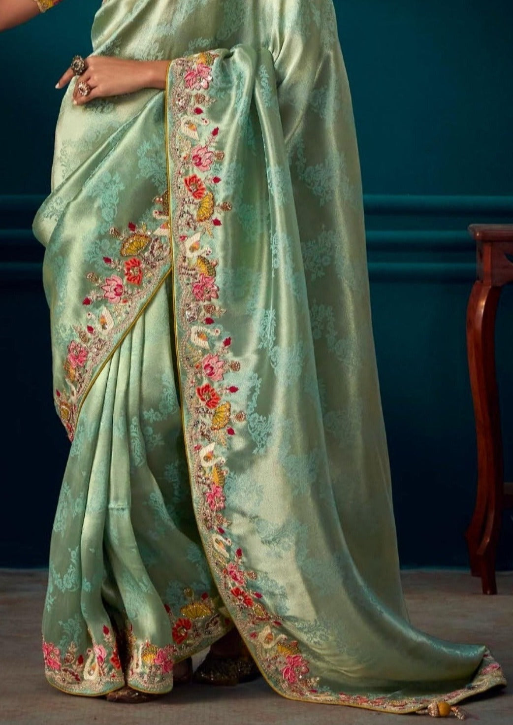 Handwork embroidery banarasi silk dual tone blue golden bridal saree online cost price.
