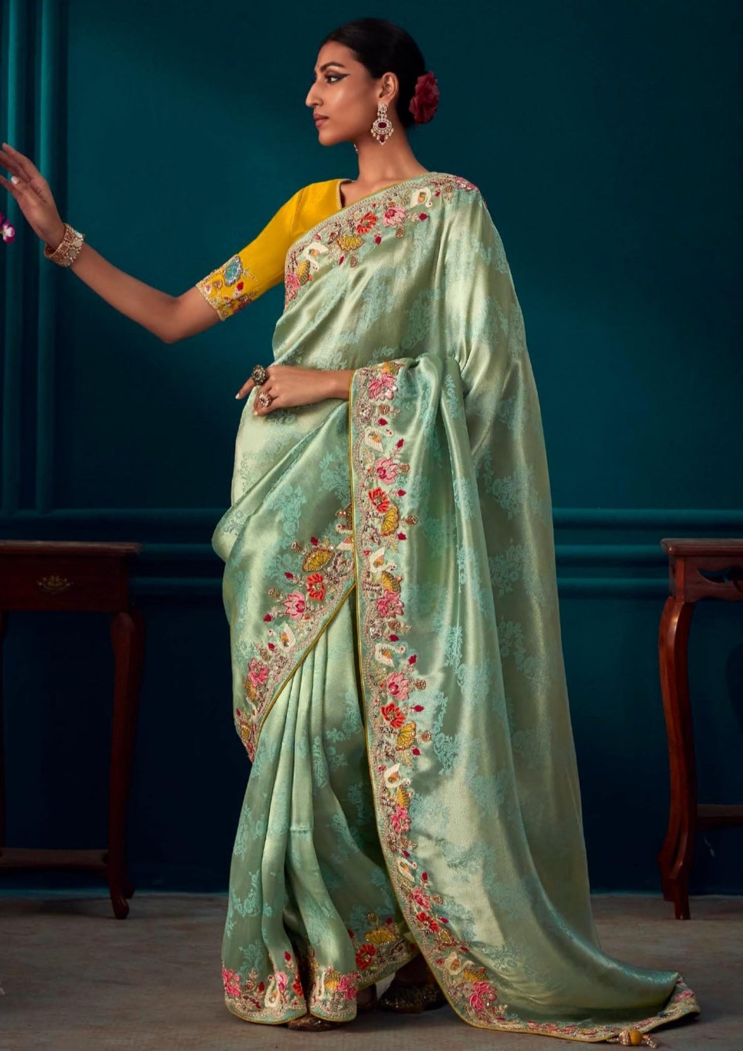 Handwork embroidery banarasi silk dual tone blue golden bridal saree online.