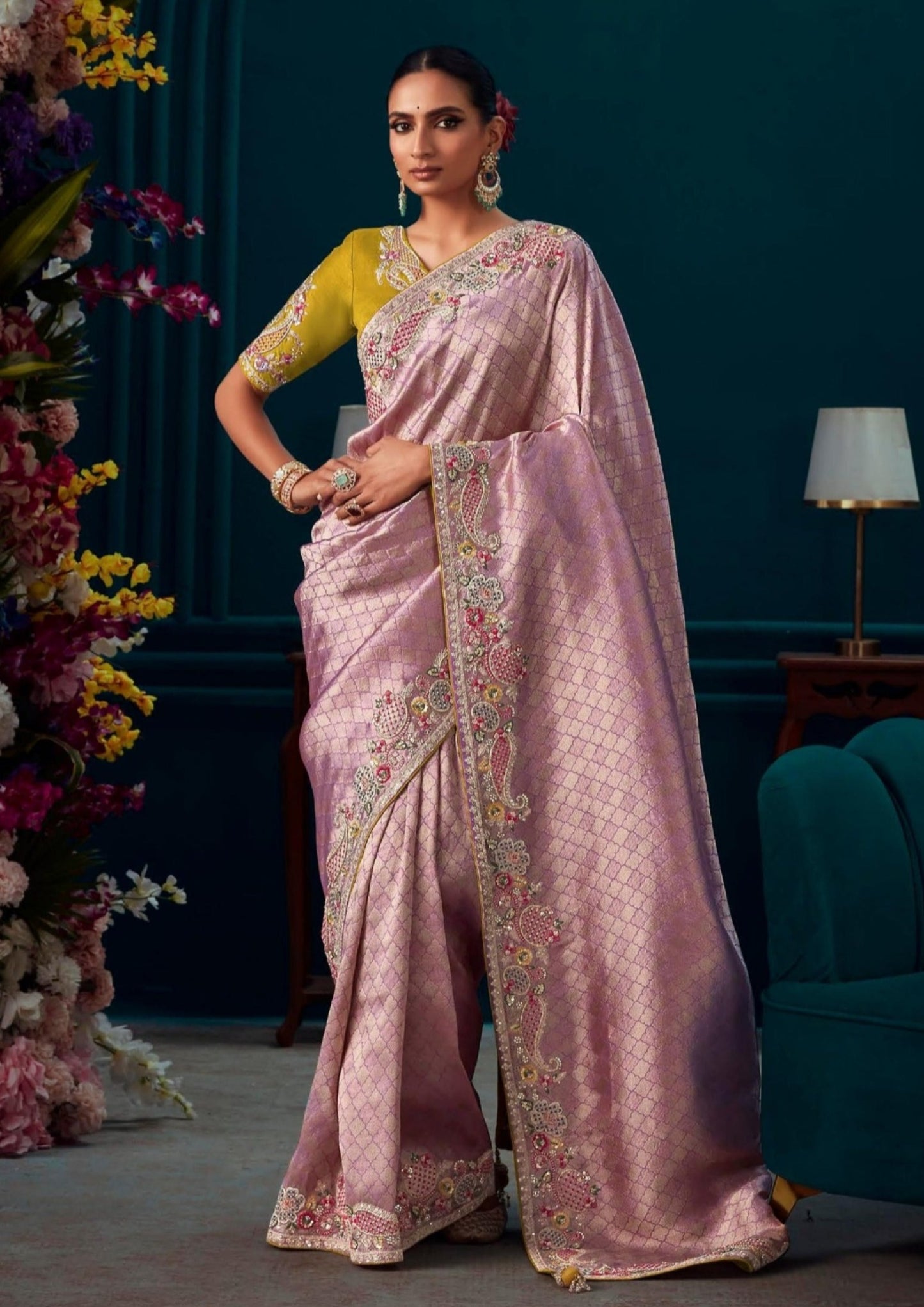 Handwork embroidery banarasi silk purple bridal wear saree online for wedding usa.