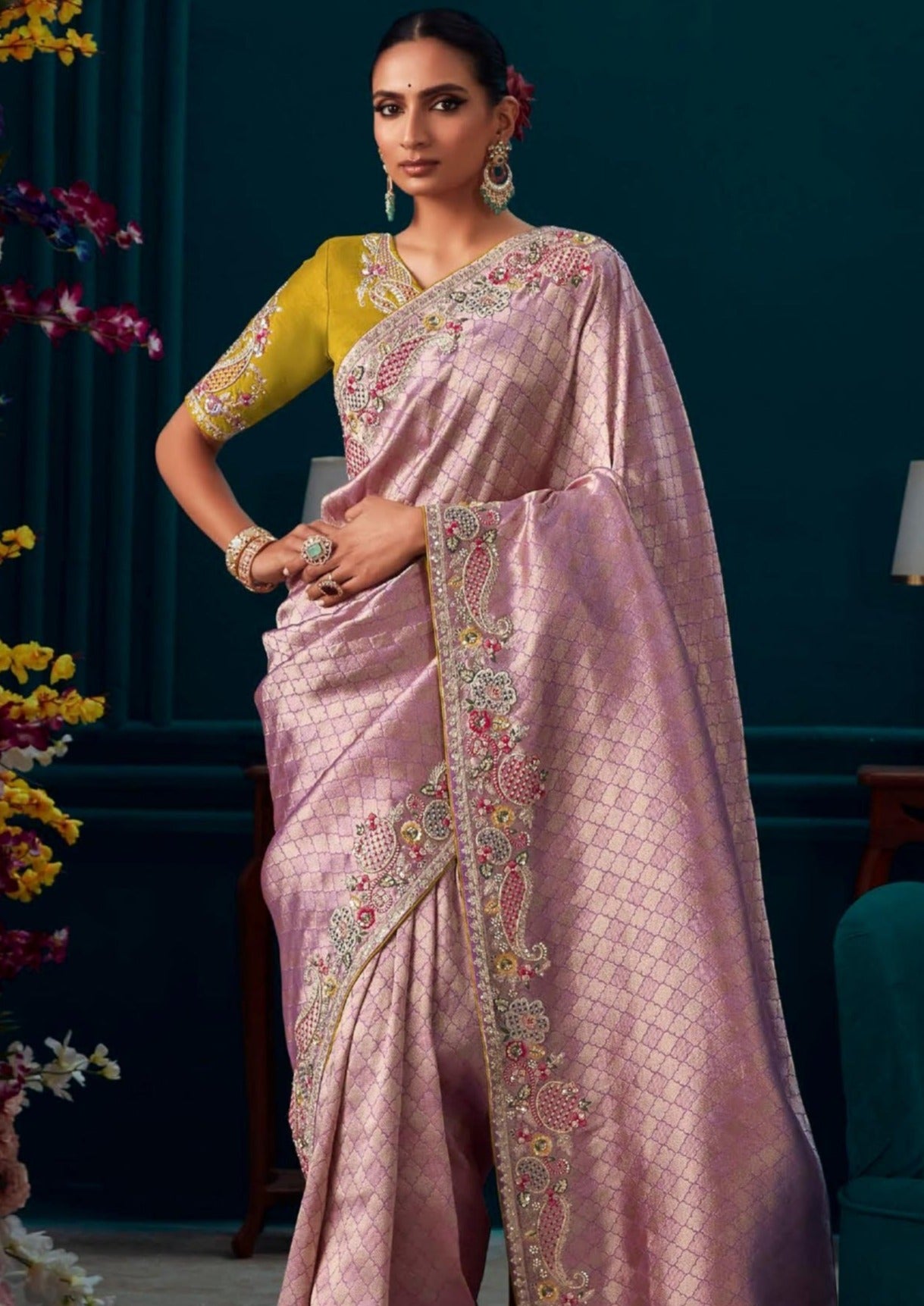 Handwork embroidery banarasi silk purple bridal wear saree online with price.