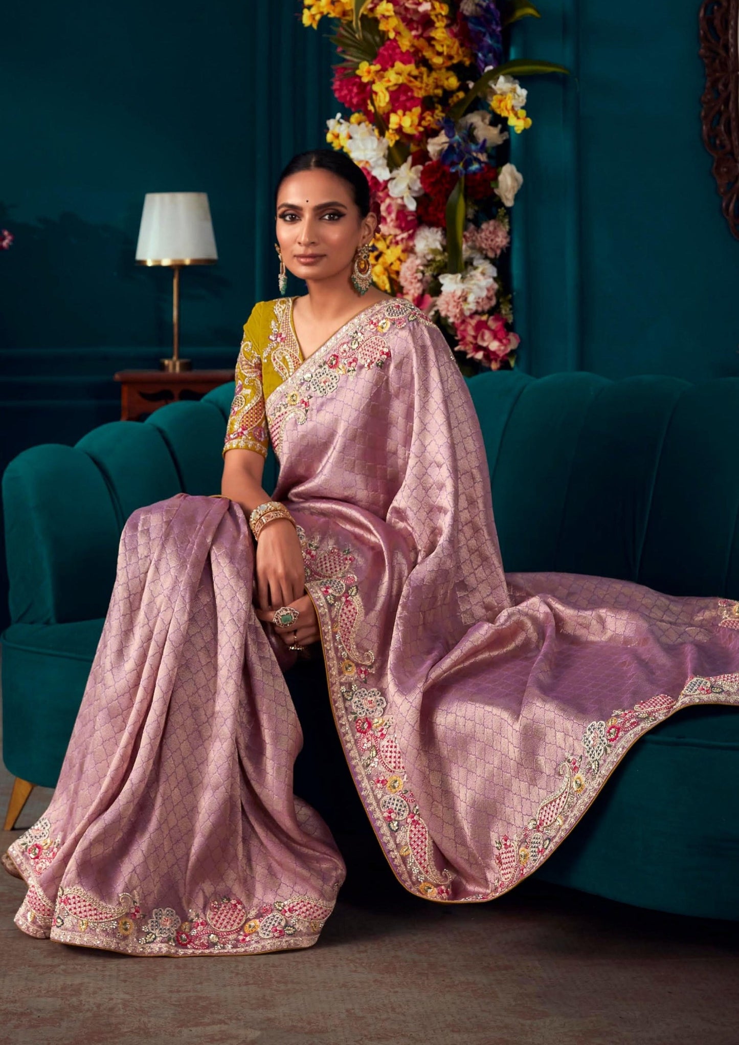 Handwork embroidery banarasi silk purple bridal wear saree online.