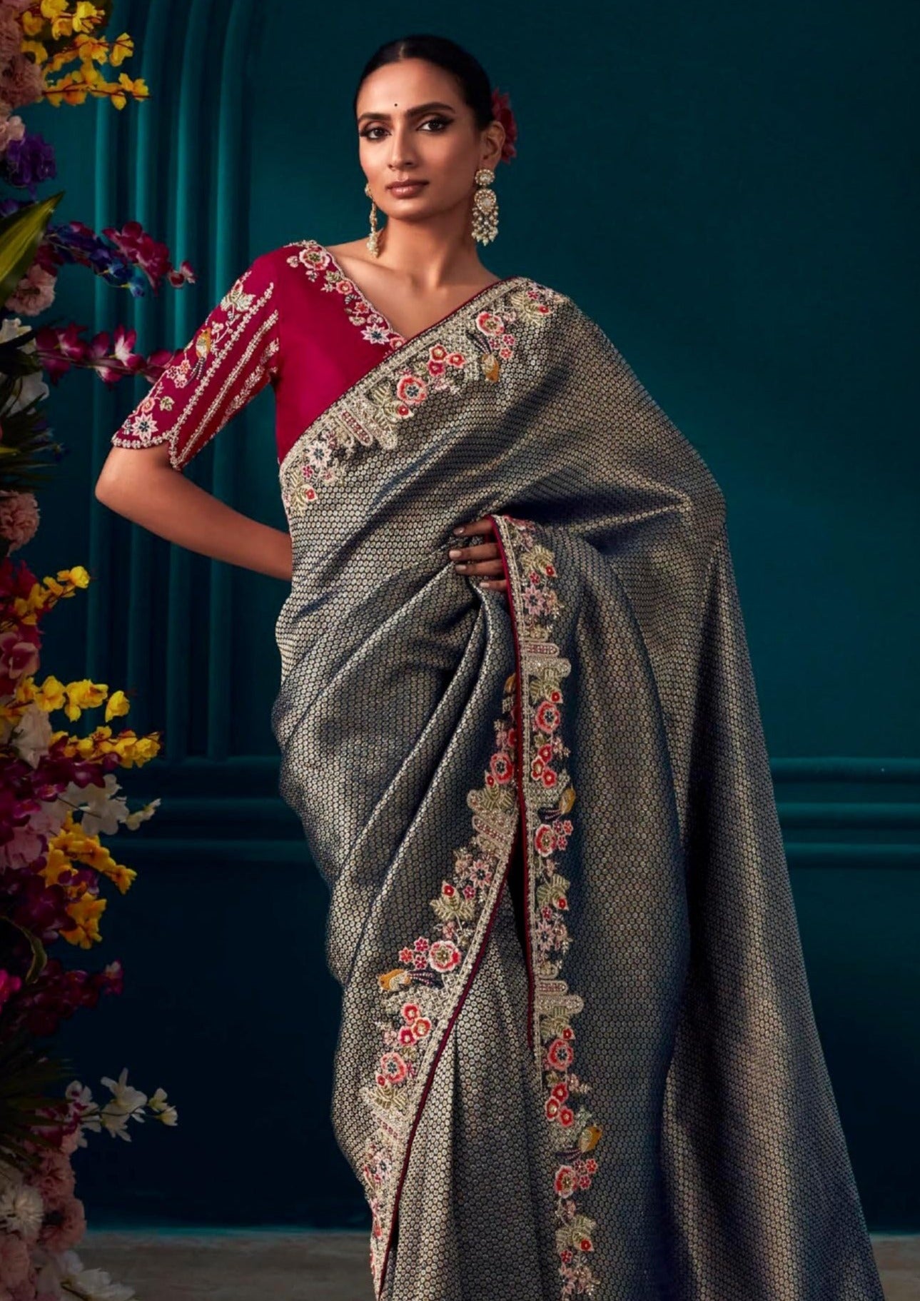 Hand embroidery banarasi silk silver black party wear saree online shopping.