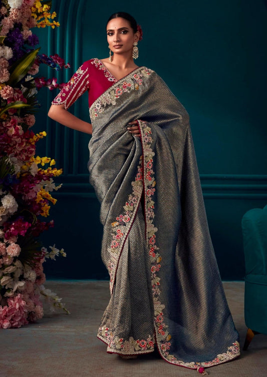 Hand embroidery banarasi silk silver black party wear saree online.