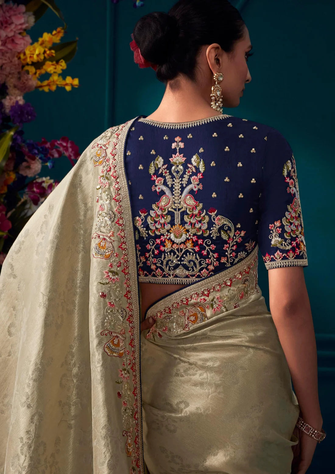 Handwork embroidery golden blue banarasi silk bridal saree online for bride.