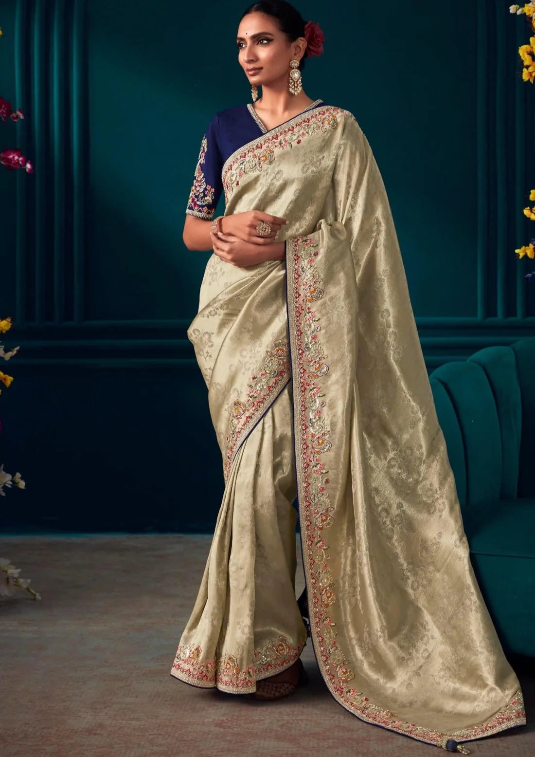 Handwork embroidery golden blue banarasi silk bridal saree online for wedding.
