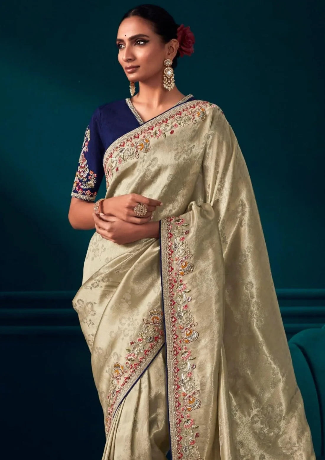 Handwork embroidery golden blue banarasi silk bridal saree online wedding shopping.