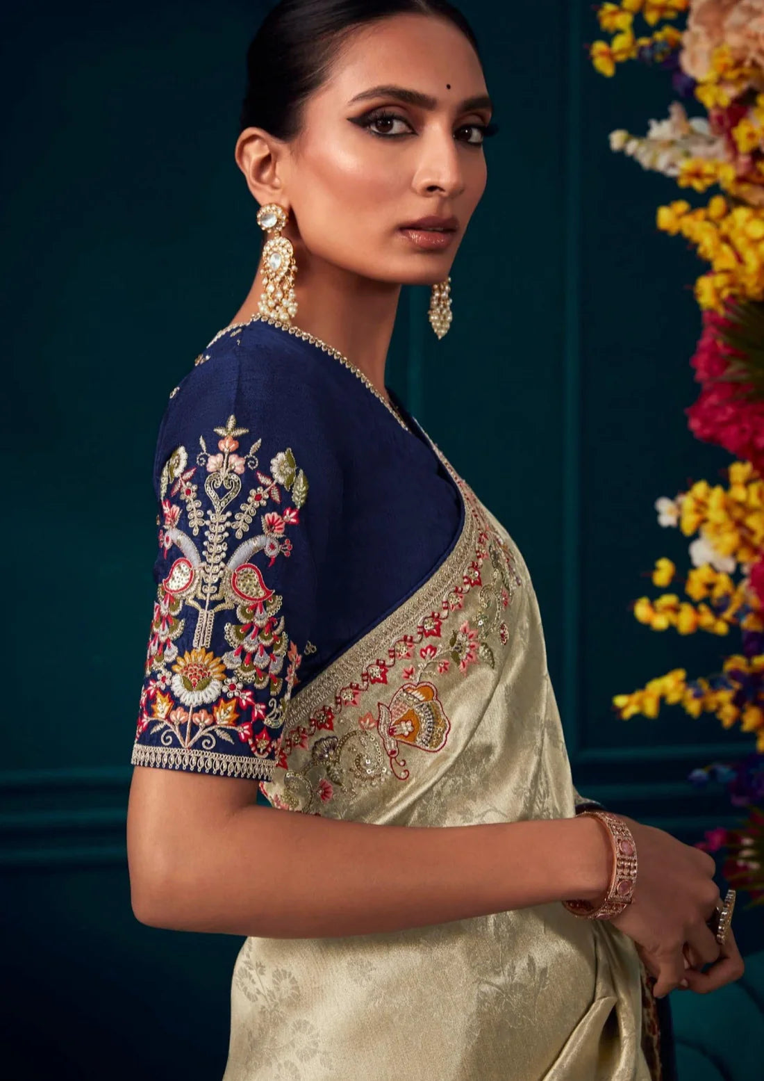 Handwork embroidery golden blue banarasi silk bridal saree online.