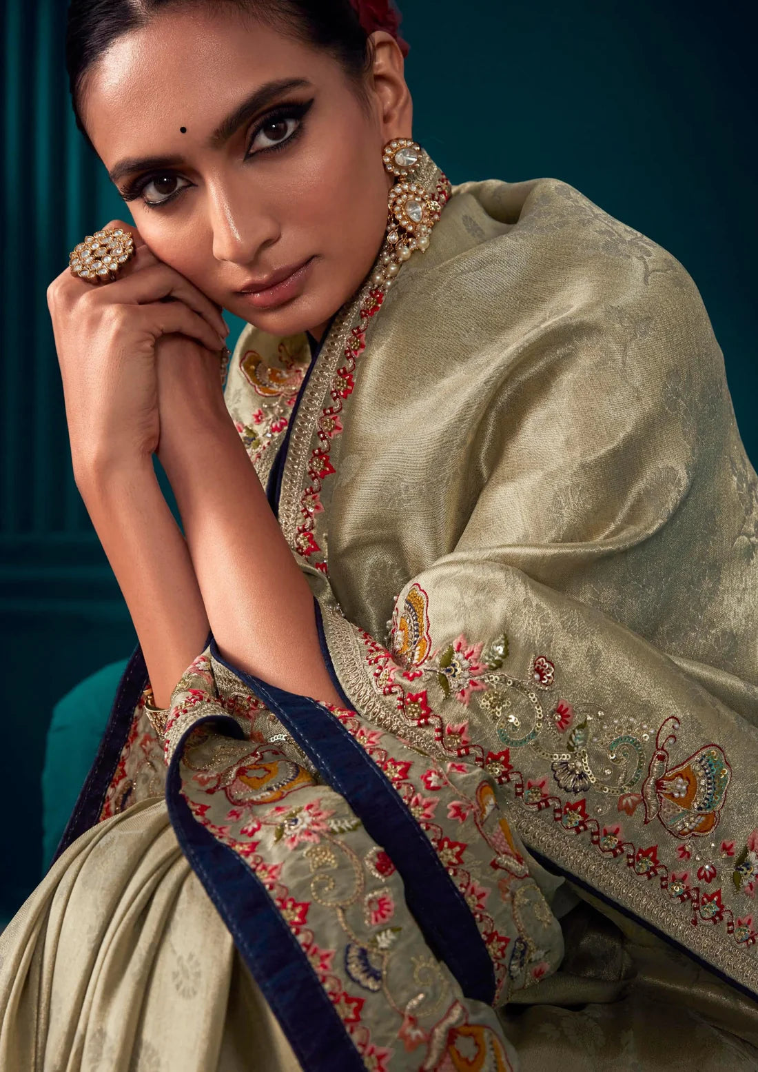 Handwork embroidery golden blue banarasi silk bridal saree.
