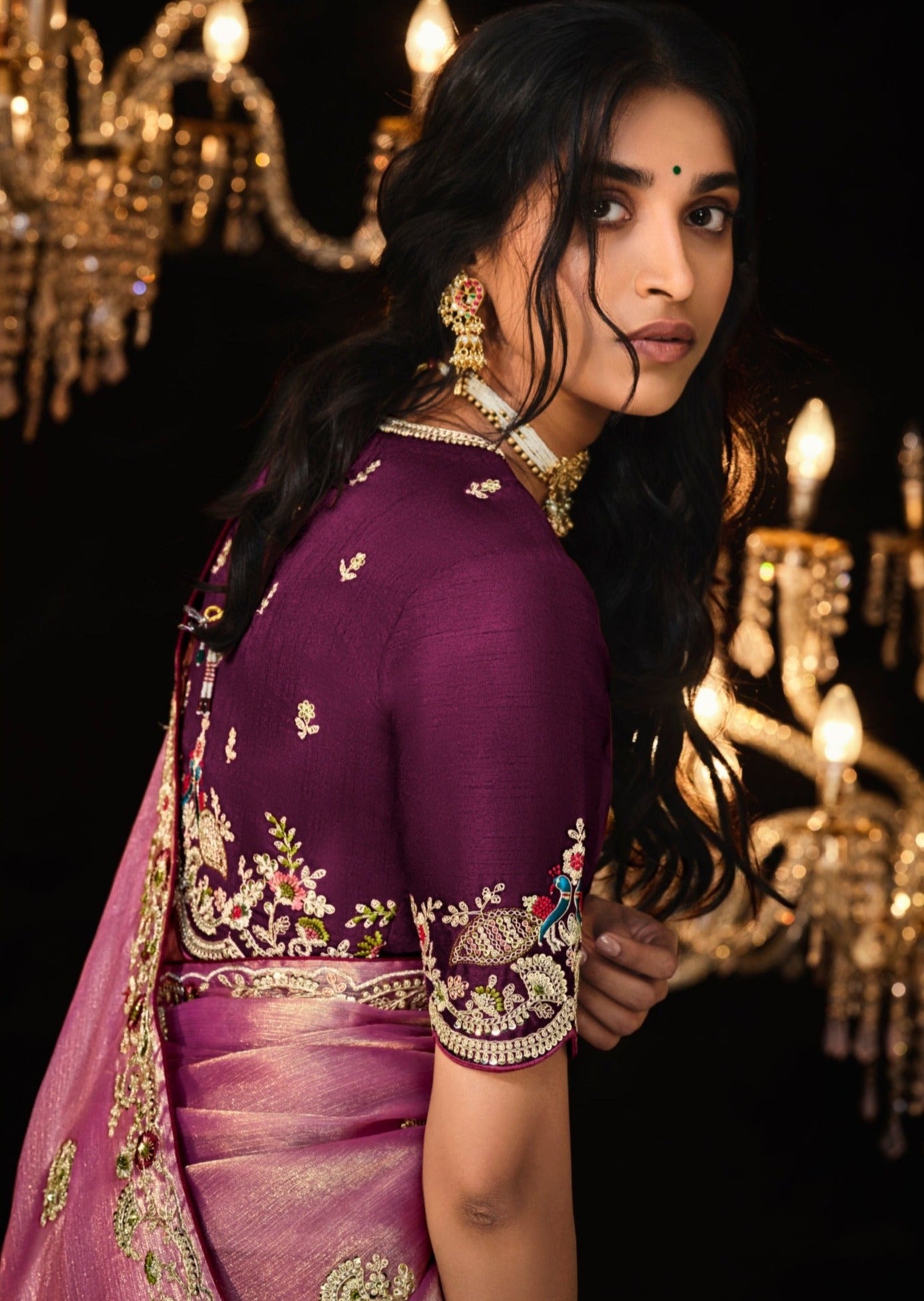 Handwork Embroidery Pink Bridal Saree With Contrast Blouse